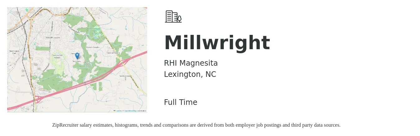 RHI Magnesita job posting for a Millwright in Lexington, NC with a salary of $23 to $30 Hourly with a map of Lexington location.