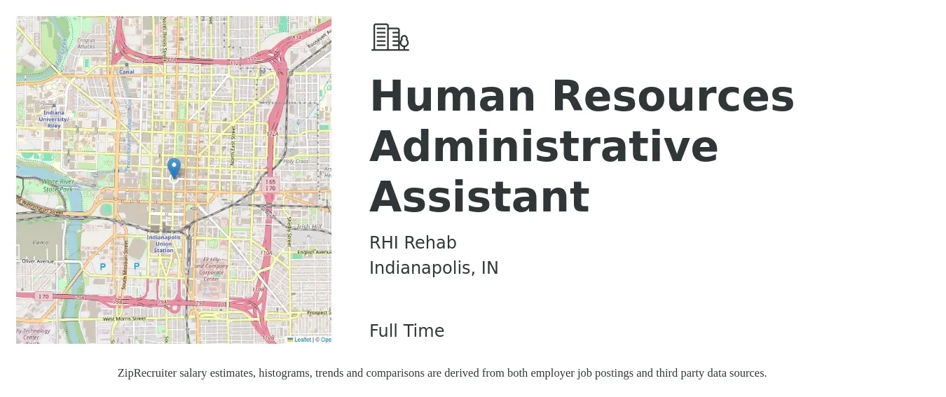 RHI Rehab job posting for a Human Resources Administrative Assistant in Indianapolis, IN with a salary of $18 to $24 Hourly with a map of Indianapolis location.