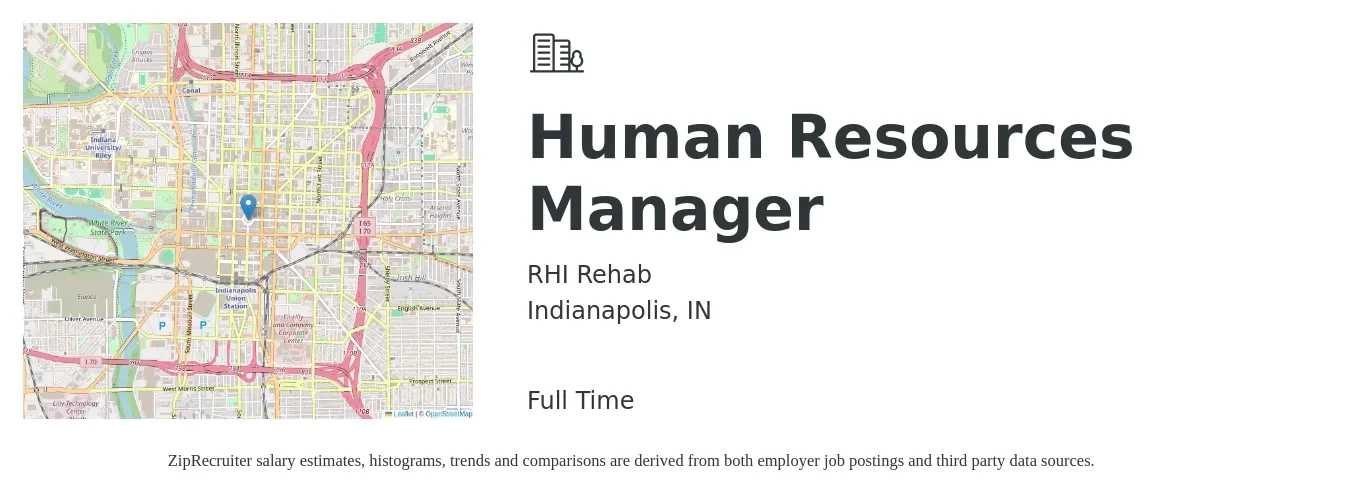 RHI Rehab job posting for a Human Resources Manager in Indianapolis, IN with a salary of $66,000 to $95,600 Yearly with a map of Indianapolis location.