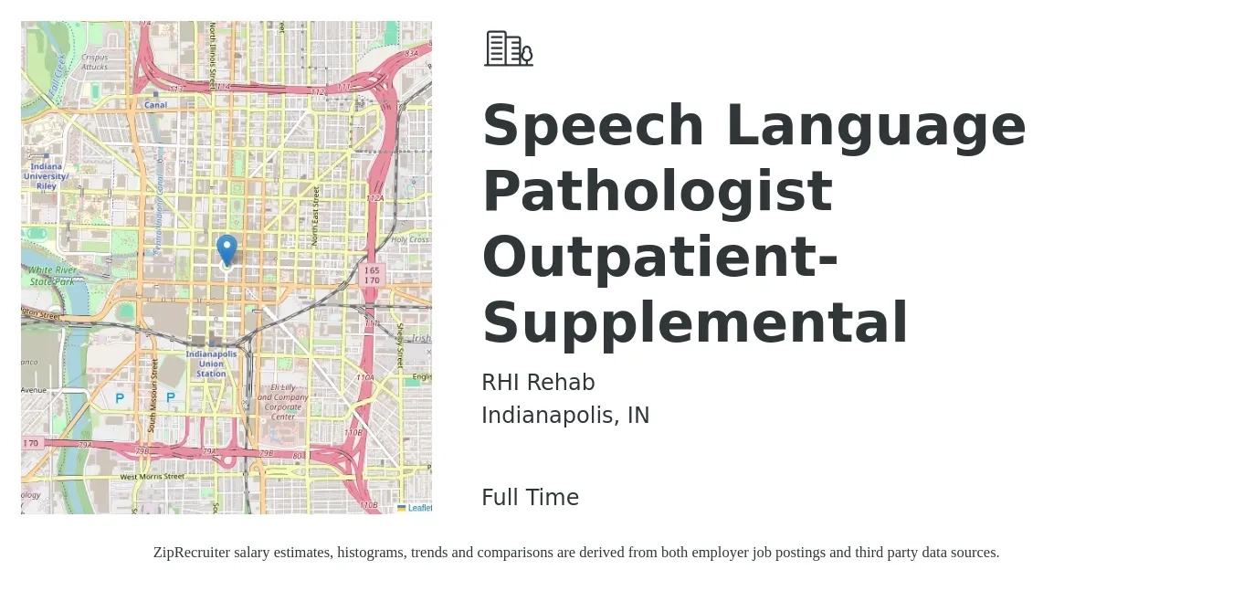 RHI Rehab job posting for a Speech Language Pathologist Outpatient-Supplemental in Indianapolis, IN with a salary of $36 to $52 Hourly with a map of Indianapolis location.