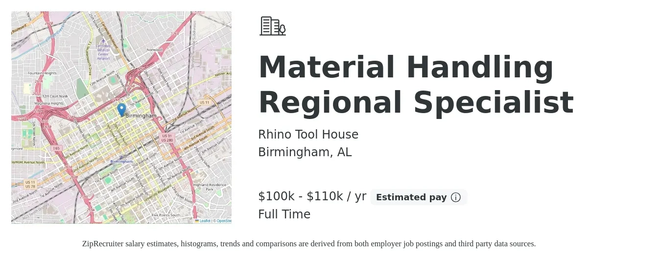 Rhino Tool House job posting for a Material Handling Regional Specialist in Birmingham, AL with a salary of $100,000 to $110,000 Yearly with a map of Birmingham location.