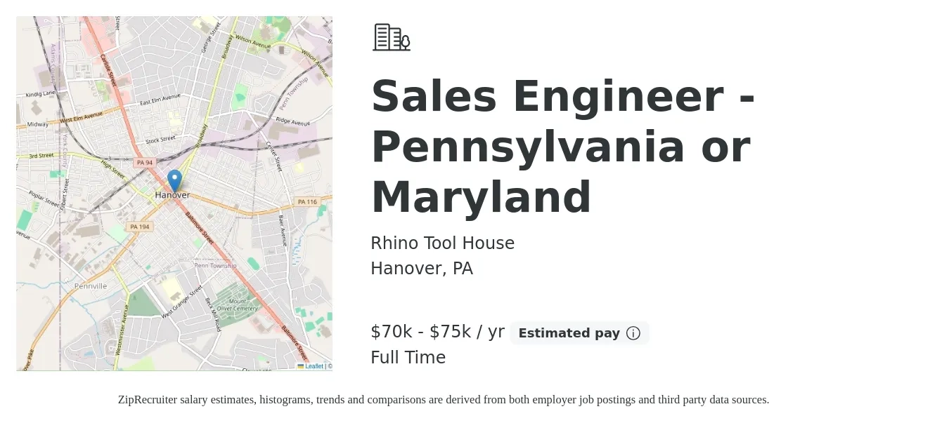 Rhino Tool House job posting for a Sales Engineer - Pennsylvania or Maryland in Hanover, PA with a salary of $70,000 to $75,000 Yearly with a map of Hanover location.