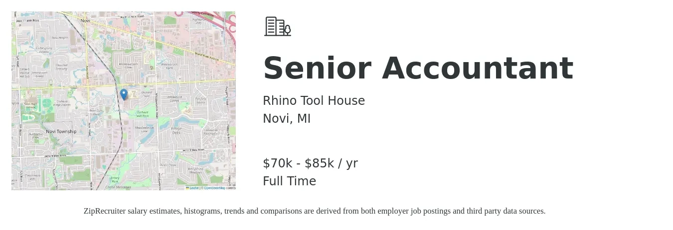 Rhino Tool House job posting for a Senior Accountant in Novi, MI with a salary of $70,000 to $85,000 Yearly with a map of Novi location.
