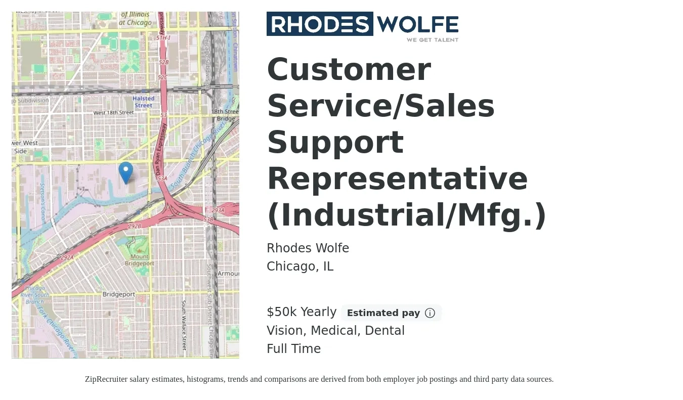 Rhodes Wolfe job posting for a Customer Service/Sales Support Representative (Industrial/Mfg.) in Chicago, IL with a salary of $50,000 Yearly and benefits including pto, retirement, vision, dental, and medical with a map of Chicago location.