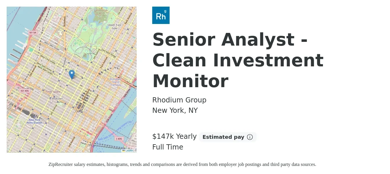 Rhodium Group job posting for a Senior Analyst - Clean Investment Monitor in New York, NY with a salary of $147,334 Yearly with a map of New York location.