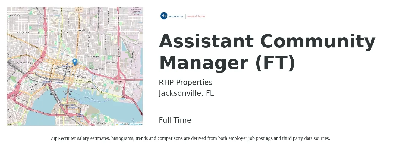 RHP Properties job posting for a Assistant Community Manager (FT) in Jacksonville, FL with a salary of $18 to $21 Hourly with a map of Jacksonville location.