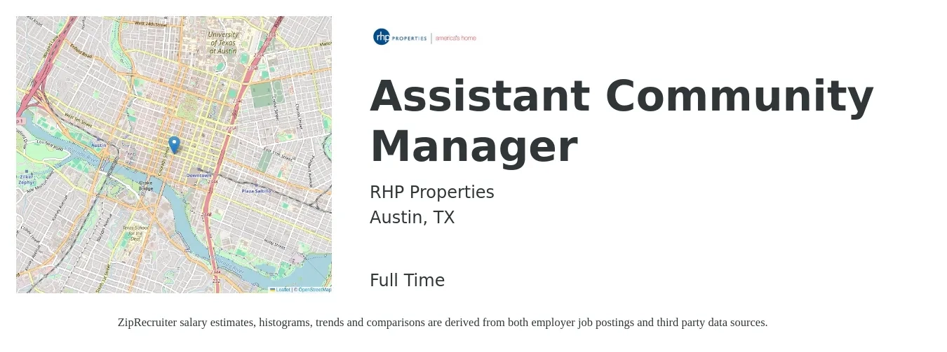 RHP Properties job posting for a Assistant Community Manager in Austin, TX with a salary of $19 to $23 Hourly with a map of Austin location.