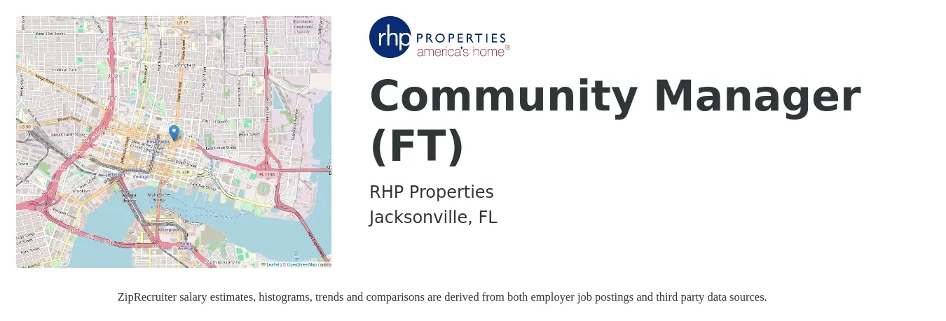 RHP Properties job posting for a Community Manager (FT) in Jacksonville, FL with a salary of $43,500 to $62,100 Yearly with a map of Jacksonville location.