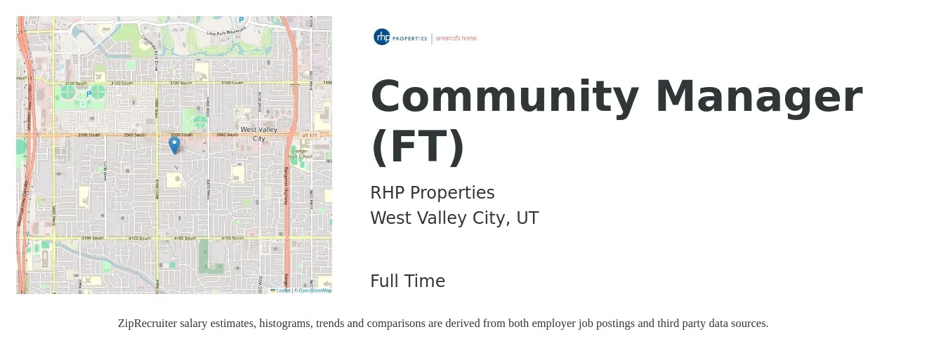 RHP Properties job posting for a Community Manager (FT) in West Valley City, UT with a salary of $45,200 to $64,400 Yearly with a map of West Valley City location.