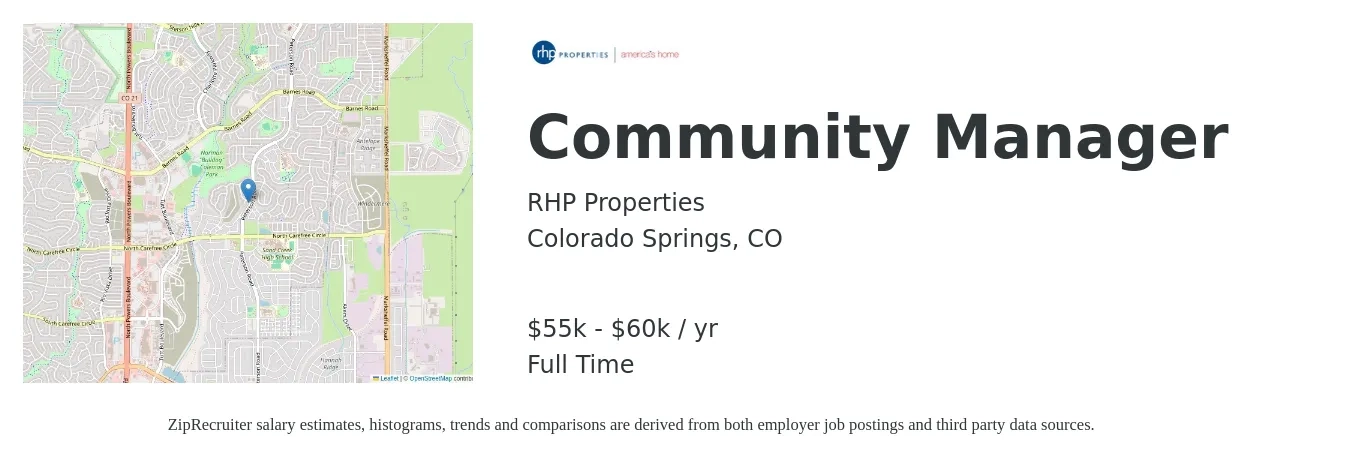 RHP Properties job posting for a Community Manager in Colorado Springs, CO with a salary of $55,000 to $60,000 Yearly with a map of Colorado Springs location.