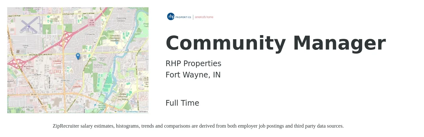 RHP Properties job posting for a Community Manager in Fort Wayne, IN with a salary of $46,400 to $66,100 Yearly with a map of Fort Wayne location.