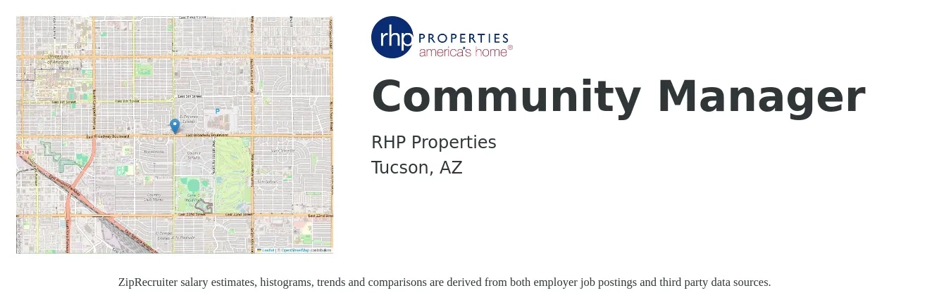 RHP Properties job posting for a Community Manager in Tucson, AZ with a salary of $44,400 to $63,300 Yearly with a map of Tucson location.
