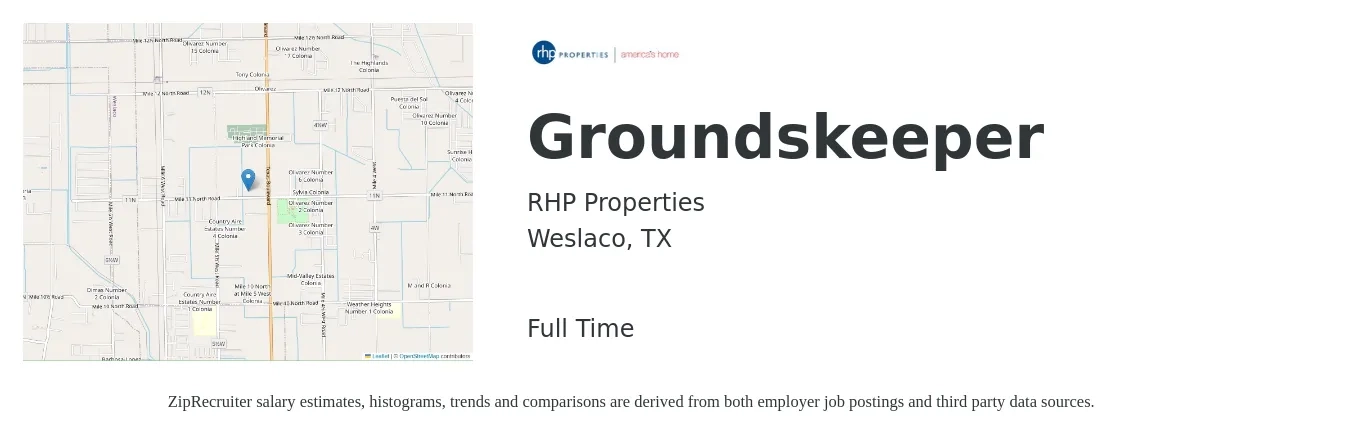 RHP Properties job posting for a Groundskeeper in Weslaco, TX with a salary of $12 to $16 Hourly with a map of Weslaco location.