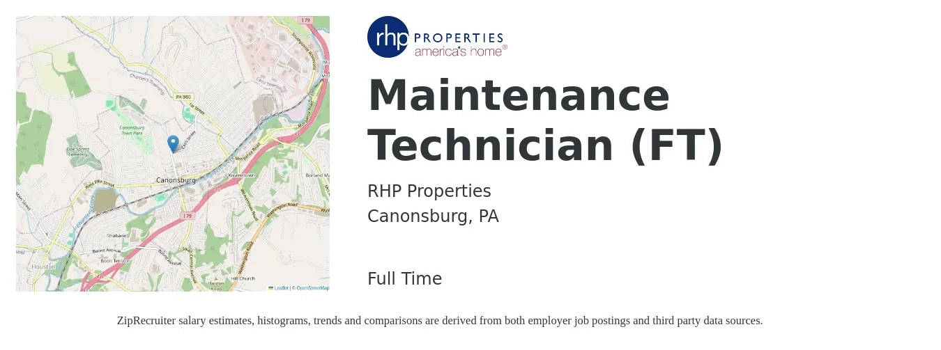 RHP Properties job posting for a Maintenance Technician (FT) in Canonsburg, PA with a salary of $18 to $24 Hourly with a map of Canonsburg location.