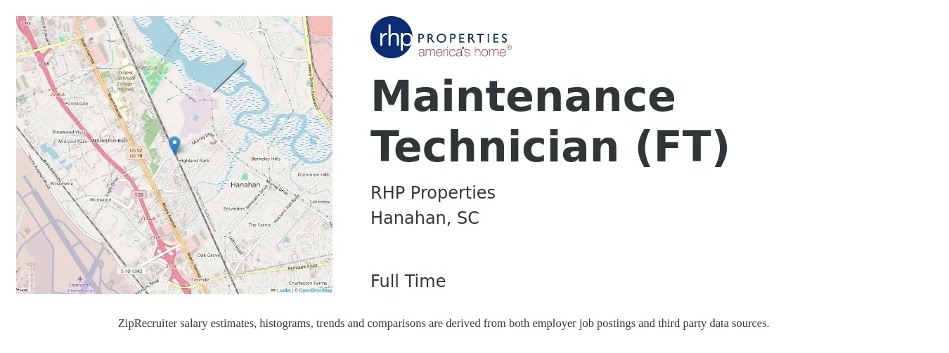 RHP Properties job posting for a Maintenance Technician (FT) in Hanahan, SC with a salary of $18 to $24 Hourly with a map of Hanahan location.