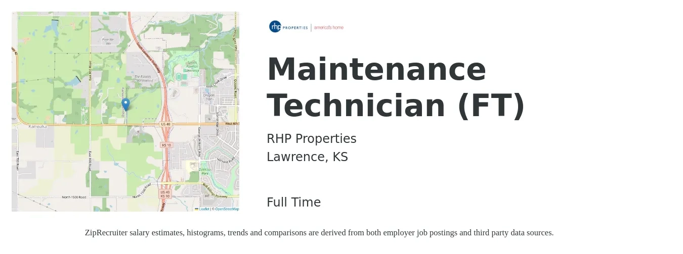 RHP Properties job posting for a Maintenance Technician (FT) in Lawrence, KS with a salary of $18 to $24 Hourly with a map of Lawrence location.