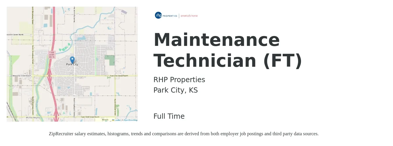 RHP Properties job posting for a Maintenance Technician (FT) in Park City, KS with a salary of $19 to $26 Hourly with a map of Park City location.