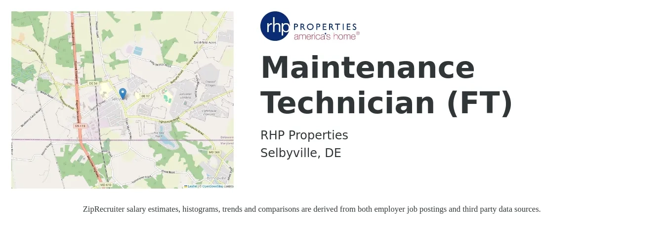 RHP Properties job posting for a Maintenance Technician (FT) in Selbyville, DE with a salary of $19 to $26 Hourly with a map of Selbyville location.