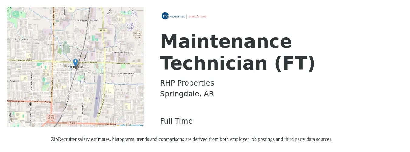 RHP Properties job posting for a Maintenance Technician (FT) in Springdale, AR with a salary of $17 to $24 Hourly with a map of Springdale location.