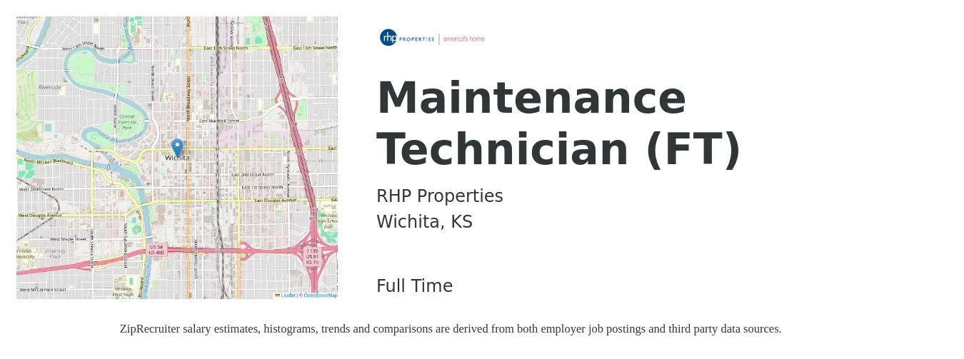 RHP Properties job posting for a Maintenance Technician (FT) in Wichita, KS with a salary of $17 to $24 Hourly with a map of Wichita location.