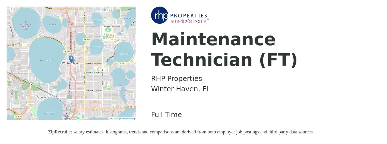 RHP Properties job posting for a Maintenance Technician (FT) in Winter Haven, FL with a salary of $17 to $23 Hourly with a map of Winter Haven location.