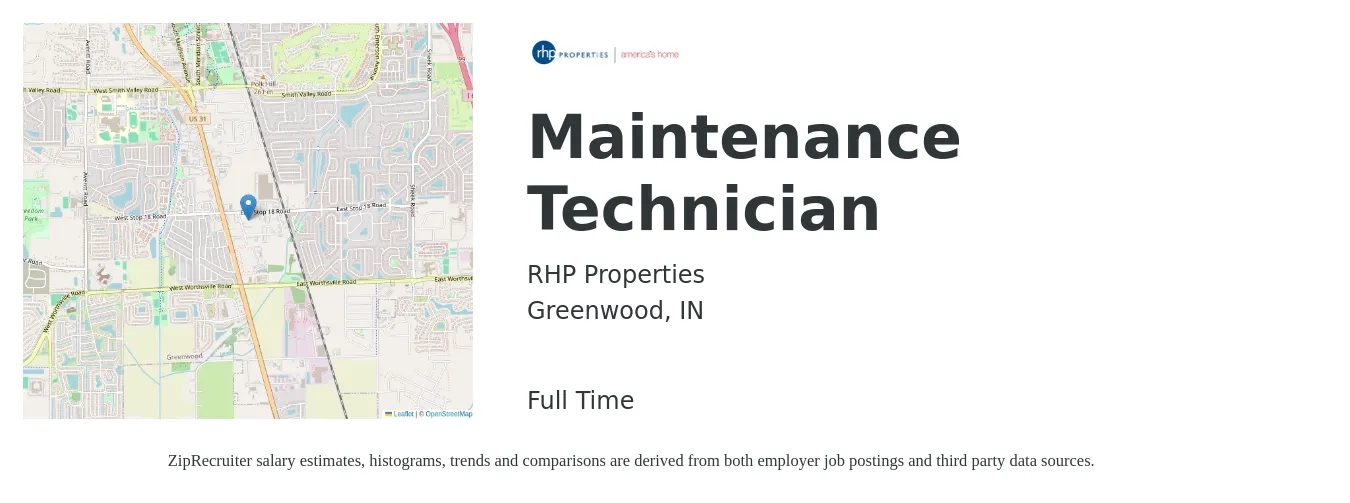 RHP Properties job posting for a Maintenance Technician in Greenwood, IN with a salary of $18 to $26 Hourly with a map of Greenwood location.