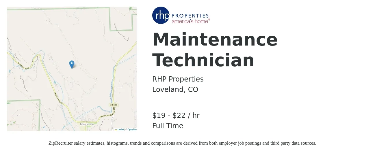 RHP Properties job posting for a Maintenance Technician in Loveland, CO with a salary of $20 to $23 Hourly with a map of Loveland location.