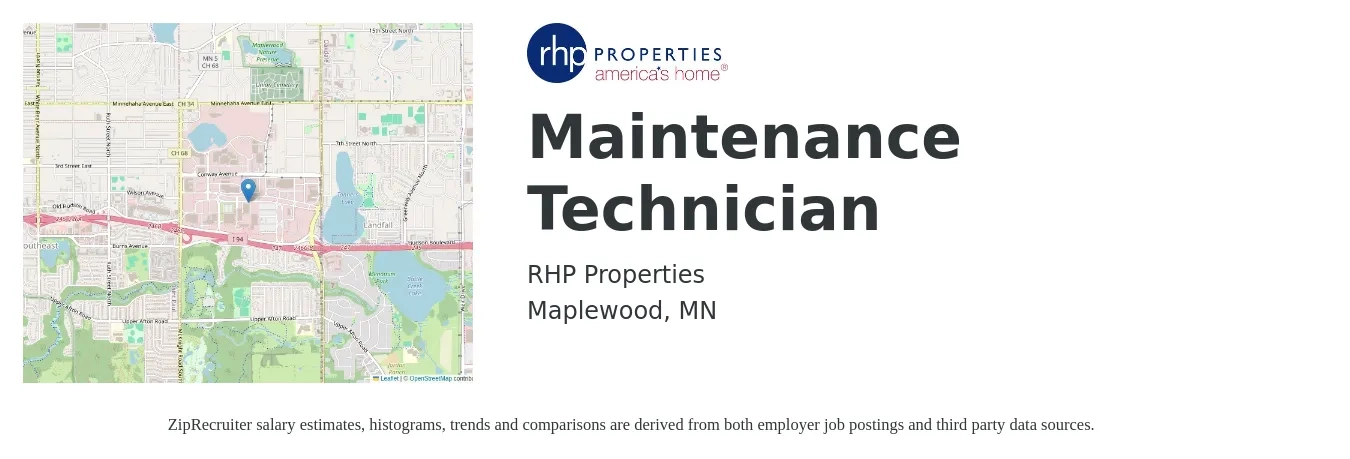 RHP Properties job posting for a Maintenance Technician in Maplewood, MN with a salary of $20 to $28 Hourly with a map of Maplewood location.