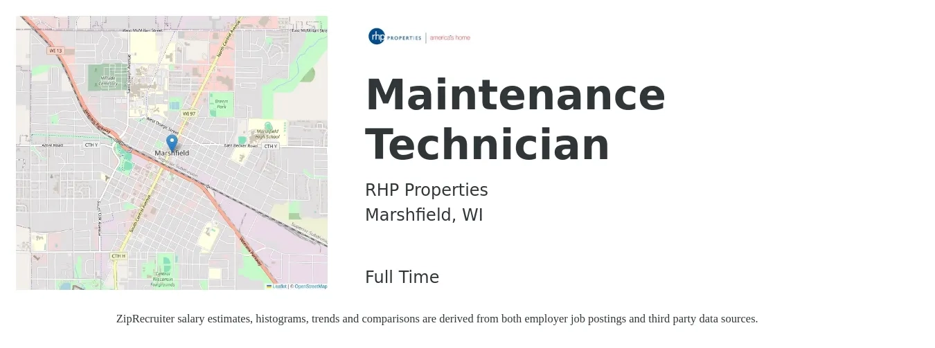 RHP Properties job posting for a Maintenance Technician in Marshfield, WI with a salary of $19 to $27 Hourly with a map of Marshfield location.