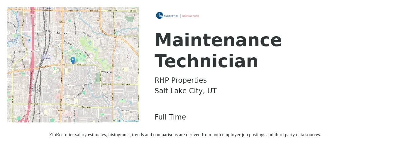 RHP Properties job posting for a Maintenance Technician in Salt Lake City, UT with a salary of $19 to $26 Hourly with a map of Salt Lake City location.