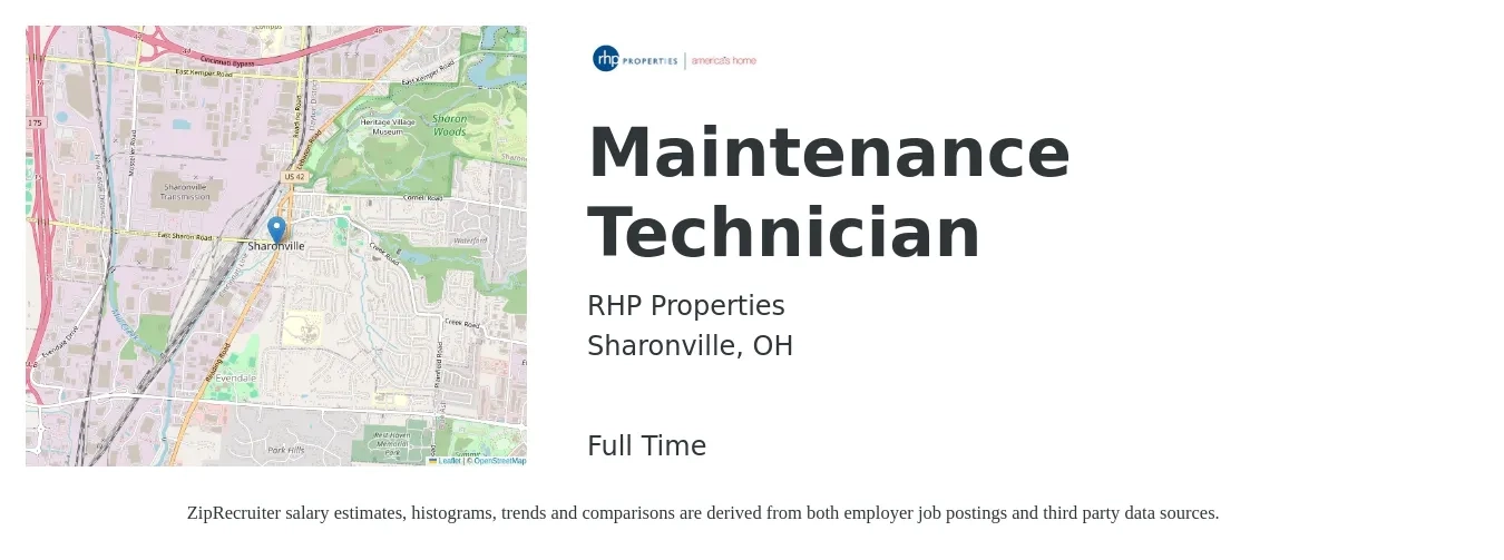 RHP Properties job posting for a Maintenance Technician in Sharonville, OH with a salary of $18 to $24 Hourly with a map of Sharonville location.