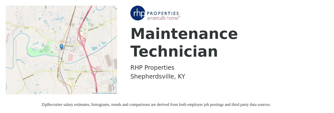 RHP Properties job posting for a Maintenance Technician in Shepherdsville, KY with a salary of $18 to $25 Hourly with a map of Shepherdsville location.
