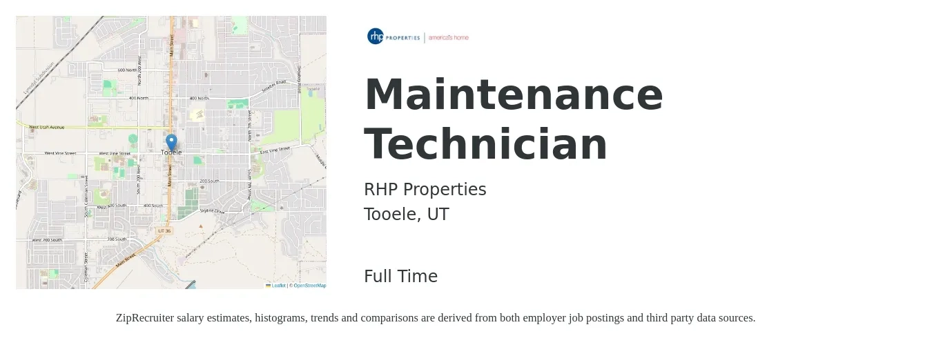 RHP Properties job posting for a Maintenance Technician in Tooele, UT with a salary of $18 to $25 Hourly with a map of Tooele location.