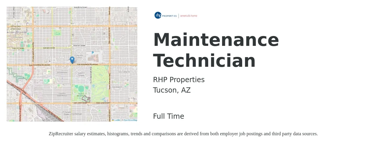 RHP Properties job posting for a Maintenance Technician in Tucson, AZ with a salary of $18 to $25 Hourly with a map of Tucson location.