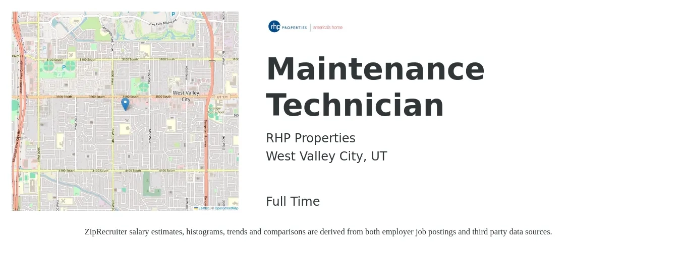 RHP Properties job posting for a Maintenance Technician in West Valley City, UT with a salary of $18 to $26 Hourly with a map of West Valley City location.