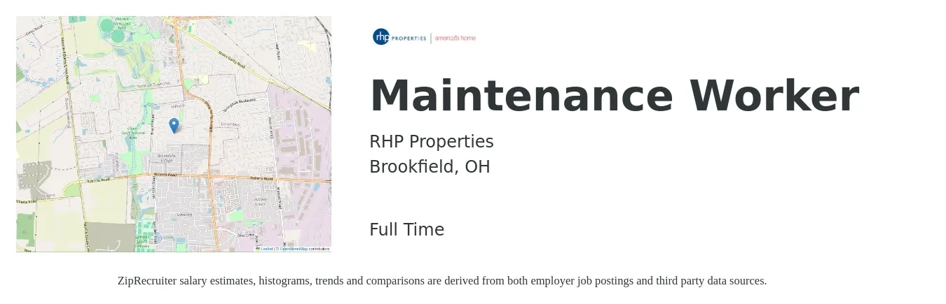 RHP Properties job posting for a Maintenance Worker in Brookfield, OH with a salary of $16 to $23 Hourly with a map of Brookfield location.
