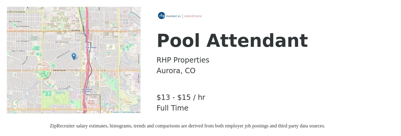 RHP Properties job posting for a Pool Attendant in Aurora, CO with a salary of $14 to $16 Hourly with a map of Aurora location.