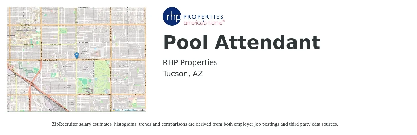 RHP Properties job posting for a Pool Attendant in Tucson, AZ with a salary of $12 to $16 Hourly with a map of Tucson location.