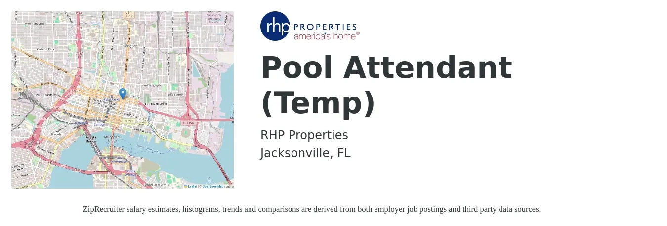 RHP Properties job posting for a Pool Attendant (Temp) in Jacksonville, FL with a salary of $12 to $16 Hourly with a map of Jacksonville location.