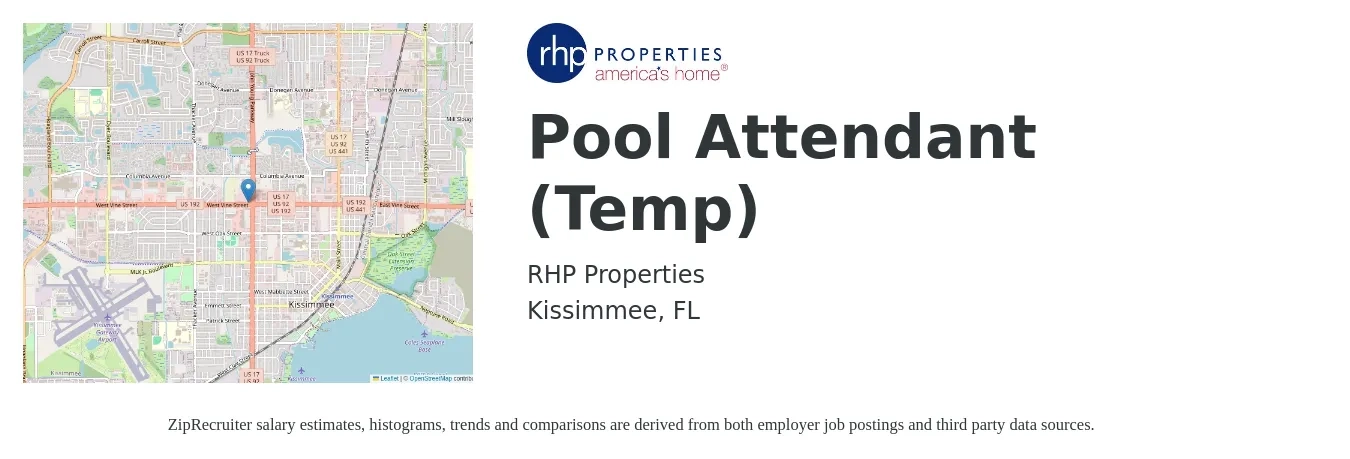 RHP Properties job posting for a Pool Attendant (Temp) in Kissimmee, FL with a salary of $12 to $15 Hourly with a map of Kissimmee location.