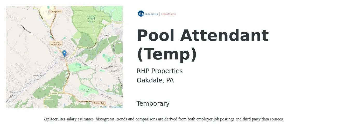 RHP Properties job posting for a Pool Attendant (Temp) in Oakdale, PA with a salary of $13 to $16 Hourly with a map of Oakdale location.