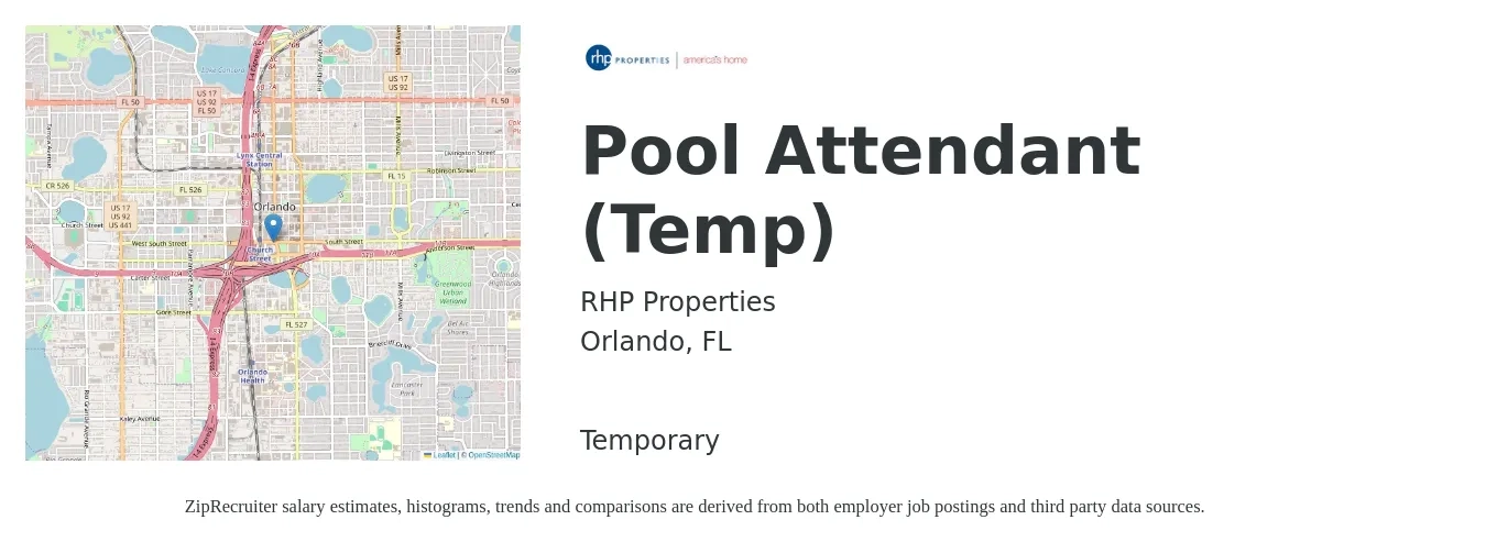 RHP Properties job posting for a Pool Attendant (Temp) in Orlando, FL with a salary of $12 to $16 Hourly with a map of Orlando location.