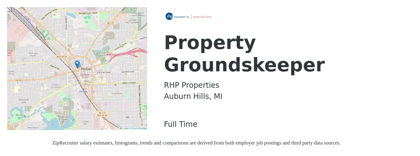 RHP Properties job posting for a Property Groundskeeper in Auburn Hills, MI with a salary of $14 to $18 Hourly with a map of Auburn Hills location.
