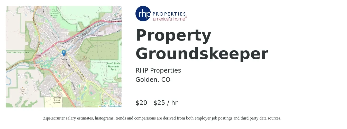 RHP Properties job posting for a Property Groundskeeper in Golden, CO with a salary of $21 to $27 Hourly with a map of Golden location.