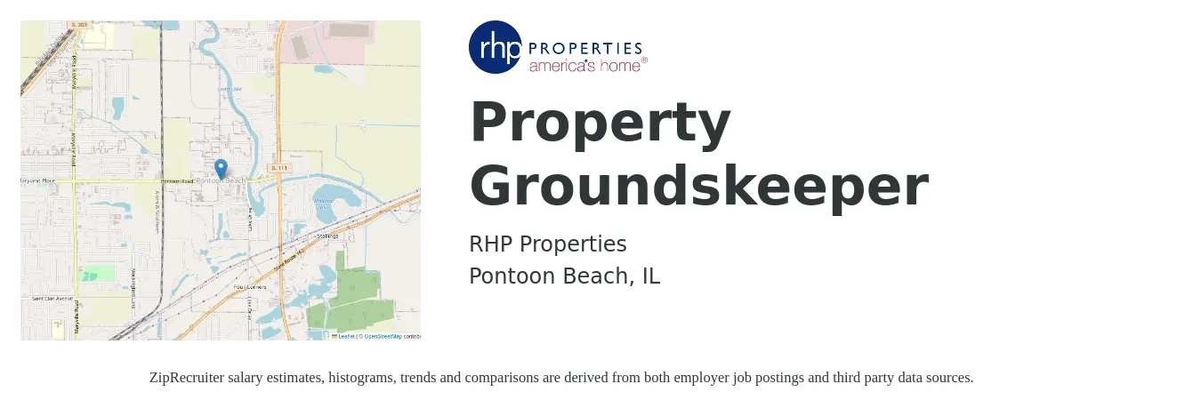 RHP Properties job posting for a Property Groundskeeper in Pontoon Beach, IL with a salary of $14 to $18 Hourly with a map of Pontoon Beach location.