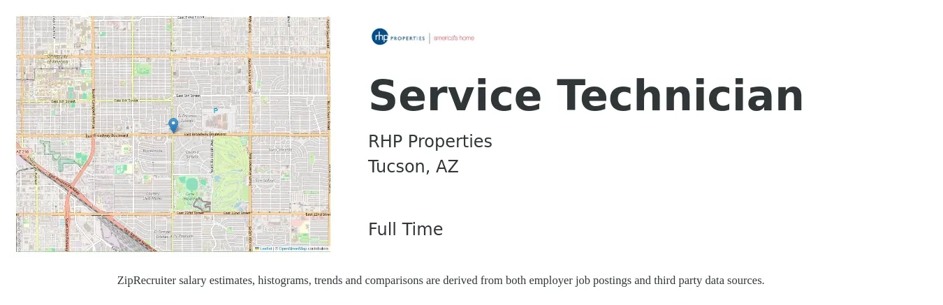RHP Properties job posting for a Service Technician in Tucson, AZ with a salary of $19 to $26 Hourly with a map of Tucson location.