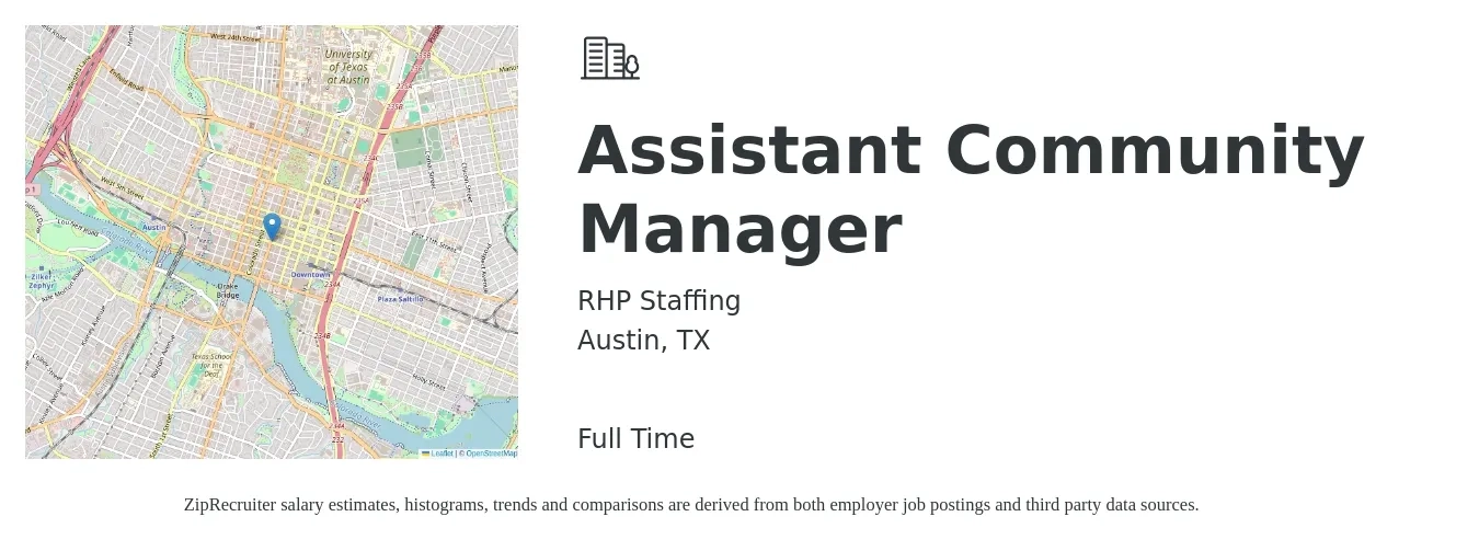 RHP Staffing job posting for a Assistant Community Manager in Austin, TX with a salary of $19 to $23 Hourly with a map of Austin location.