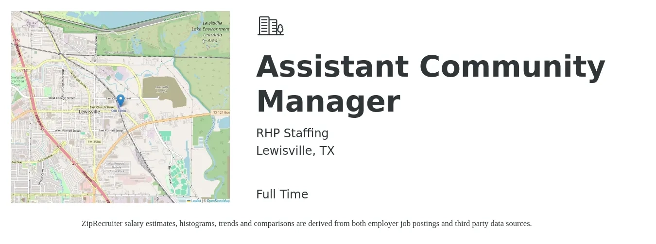 RHP Staffing job posting for a Assistant Community Manager in Lewisville, TX with a salary of $18 to $21 Hourly with a map of Lewisville location.