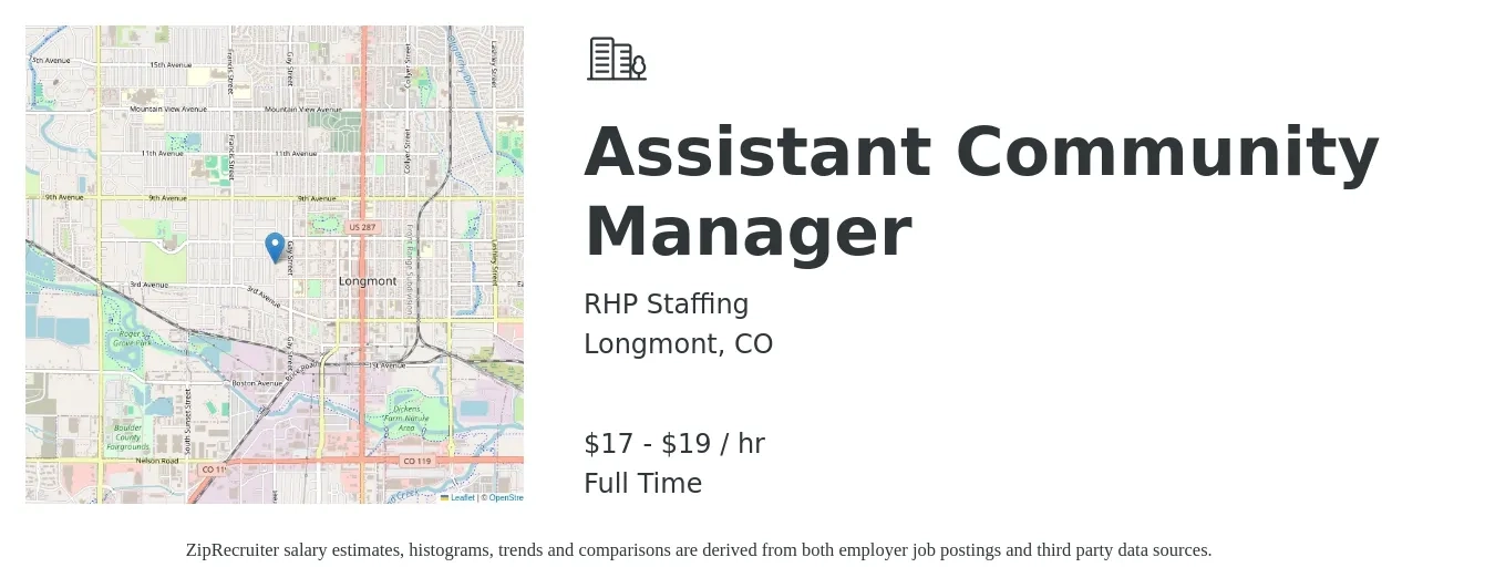 RHP Staffing job posting for a Assistant Community Manager in Longmont, CO with a salary of $18 to $20 Hourly with a map of Longmont location.