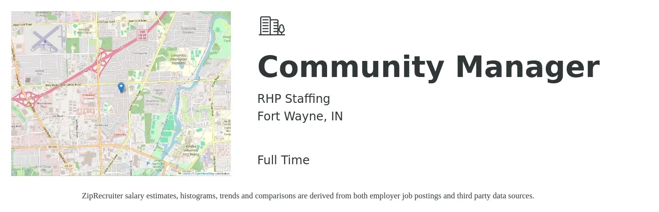 RHP Staffing job posting for a Community Manager in Fort Wayne, IN with a salary of $46,400 to $66,100 Yearly with a map of Fort Wayne location.